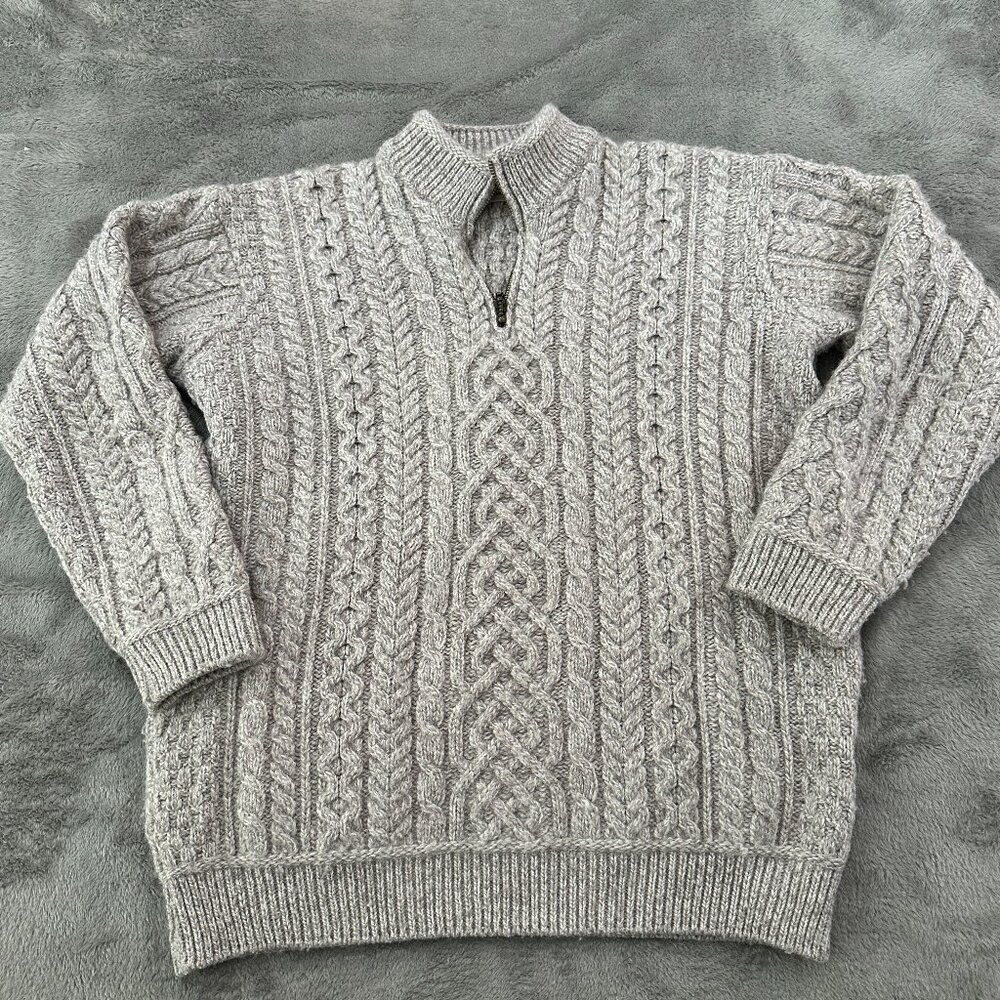 Aran Sweater Market 100% Merino Wool Mock Neck 1/4 Zip LARGE Cable Knit